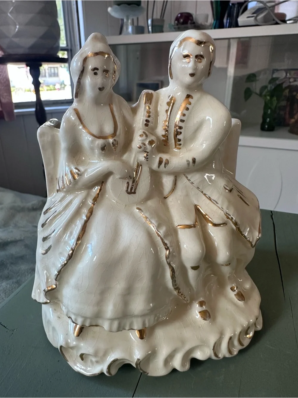 Vintage Ceramic Victorian-Couple Planter with Gold Accents